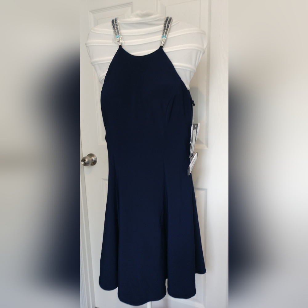 Betsy & Adam Navy Dress 6 Party Cocktail Removeable Jewel Straps Lined New